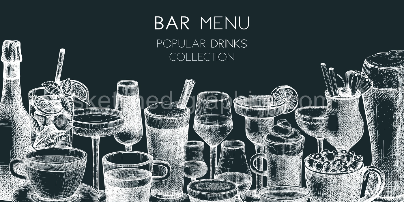 Hand-sketched drinks banner design. Vector sketches of popular beverages in elegant glasses. Popular drinks vintage hand-drawings. Bar or restaurant menu template isolated on chalkboard Illustration